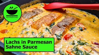 Lecker Lachs in Parmesan Sahne Sauce mit Spinat 🥬 und Tomaten 🍅 von KochMalSchnell [upl. by Giannini]