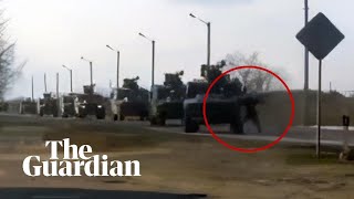 Video shows Ukrainian ‘tank man’ trying to block Russian military convoy [upl. by Onitnatsnoc]