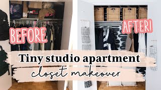 DIY SMALL CLOSET MAKEOVER  How to makeover a small studio apartment closet [upl. by Ileana843]