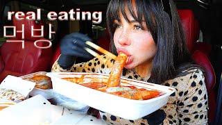 Real Eating Mukbang LONG Korean Rice Cakes Spicy Tteokbokki Loaded Korean Corn Dogs 먹방 ASMR [upl. by Romie258]