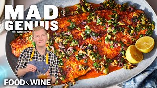 SlowRoasted Salmon With WalnutOlive Vinaigrette  Mad Genius  Food amp Wine [upl. by Eidoj827]