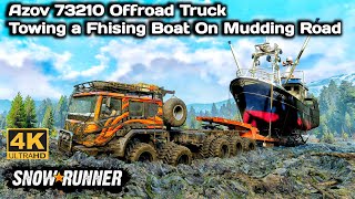 Azov 73210 Offroad Truck Towing a Fhising Boat On Mudding Road In SnowRunner Season 14 truck 4k [upl. by Etty]