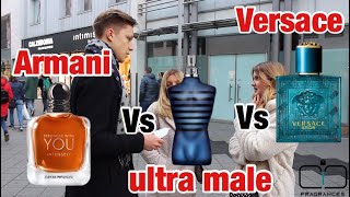 Versace Eros vs Jean Paul Gaultier Ultra male vs Armani Stonger with you intensely  fragrance test [upl. by Agathe]