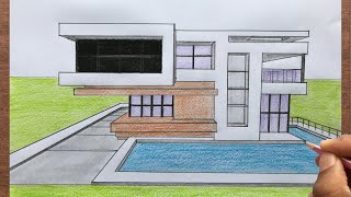 How to Draw a House in 1 Point Perspective Step by Step [upl. by Eirdua]