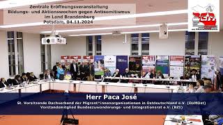 Eröffnungsveranstaltung Aktionswochen gegen Antisemitismus Brandenburg 2024 Grußwort Herr Paca José [upl. by Cindy]