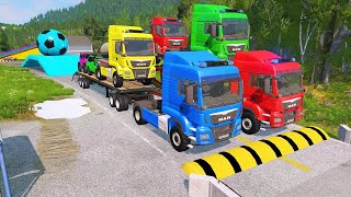 Double Flatbed Trailer Truck vs Speedbumps Train vs Cars  Tractor vs Train BeamngDrive 050 [upl. by Corbet]