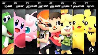 Yoshi VS Kirby VS Jigglypuff VS Inkling VS Villager VS Isabelle VS Pikachu VS Pichu Smash Ultimate [upl. by Hafirahs]