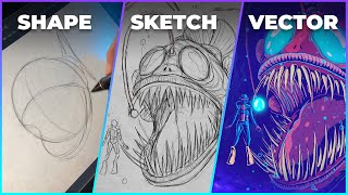 Abyssal Illustration Process  Drawing on Photoshop and Vectoring on Adobe Illustrator  Speed Art [upl. by Janik]