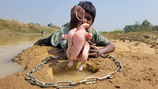 Big Monster fish Hunting in river fish hole boy catching giant fish with whole chicken fishing [upl. by Alamat]