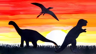 🦕🌅🦖 Dipingere un PAESAGGIO PREISTORICO con DINOSAURI al Tramonto  Arte e Storia 📚🎨 [upl. by Rolfston]