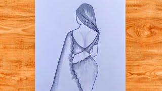 How to draw a girl back side in sharee  Drawing a girl back side for beginnereasy pencil skech [upl. by Olag]