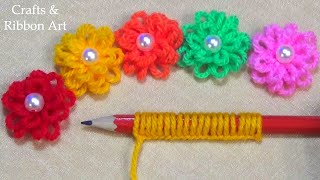 Super Easy Woolen Flower Making Ideas with Pencil  Hand Embroidery Amazing Trick  DIY Yarn Flowers [upl. by Mahseh]