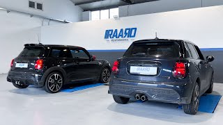 Mini F56 LCI2 JCW vs Cooper S exhaust sound OEM vs RAARO Performance OPF delete midpipe amp PopsampBangs [upl. by Nyraa]