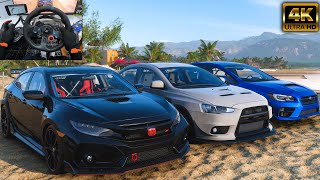 Honda Civic type R Subaru WRX STI amp Mitsubishi Lancer Evo X Forza Horizon 5 Steering Wheel Gameplay [upl. by Zashin]