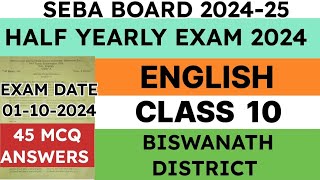 Class 10 Half Yearly Exam Question Paper 2024  English  Biswanath District  seba  MCQ answers [upl. by Eojyllib]