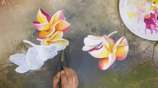 Painting frangipani flowers  easy frangipani acrylic painting  how to paint frangipani [upl. by Acinomahs946]