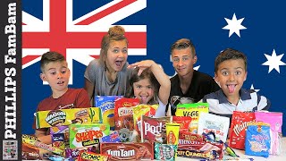 AUSTRALIAN FOOD TASTE TEST  AMERICAN KIDS EAT VEGEMITE WRONG WAY PHILLIPS FamBam Challenges [upl. by Geoffry780]