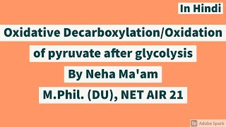 Oxidative decarboxylationOxidation of Pyruvate after glycolysis In Hindi CSIR NET Life Sciences [upl. by Ani891]