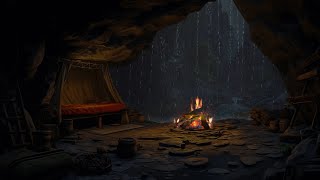 Deep Sleep in a Cozy Rainy Thunder Cave Bonfire Sounds and for Stress Relief Peaceful Deep Sleep😴 [upl. by Ainwat]