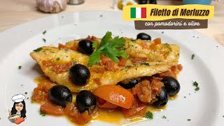 FILETTO DI MERLUZZO CON POMODORINI E OLIVE filettodimerluzo pesce [upl. by Mateusz]