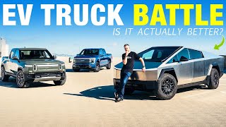 Tesla Cybertruck vs Rivian R1T vs Ford F150 Lightning  Electric Pickup Truck Comparison [upl. by Nairadal699]