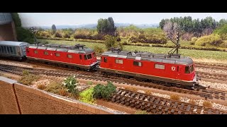 Roco HO Scale SBB Re 44 amp Re 66 electric locos doubleheading a freight train [upl. by Jobye]