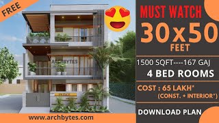 30x50 Feet House Design 3D 4 Bedrooms 9x14 Meters 1500 Sqft 167 Gaj Archbytes [upl. by Nai894]