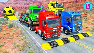 Double Flatbed Trailer Truck vs Speedbumps Train vs Cars  Tractor vs Train BeamngDrive 029 [upl. by Oilegor]