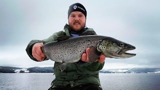 Storørret fiske i Mjøsa fra land i januar [upl. by Kobe833]