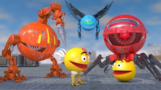 Pacman amp Ms Pacman vs Drill Robot amp Quadruped Security Robot Monsters [upl. by Avirt163]