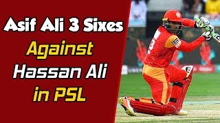 Asif Ali 3 Sixes Against Hassan Ali in PSL  HBL PSLM1F1 [upl. by Aicatan876]