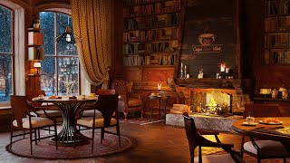 Winter Coffee Shop Bookstore Ambience with Relaxing Smooth Jazz Music and Crackling Fireplace [upl. by Nesyaj]