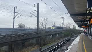 Eurostar class 373 passes Ashford Flyover HS1 with arcing from Pantograph at end [upl. by Ecnarret569]