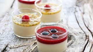 Panna Cotta med bringebærsaus og pasjonsfruktsaus  Trines Mat [upl. by Vasili]