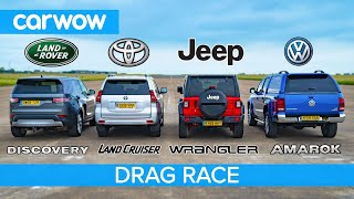 VW Amarok v Land Cruiser v Land Rover Discovery v Jeep  DRAG RACE ROLLING RACE amp BRAKE TEST [upl. by Hardi]