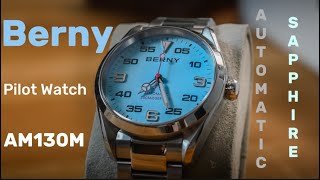 Berny Blue AM130MAutomaticSapphire20ATMBudget Pilot WatchSommer Watch [upl. by Assylem49]