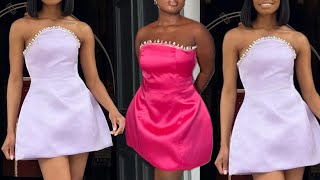 How to sew this stylish structured bell shaped dress with curved strapless neckline amp pearls beading [upl. by Rellek]