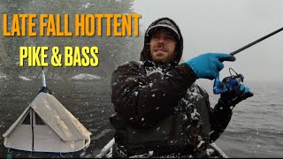 Late Fall Hot Tent Canoe Trip Fishing For Pike And Bass In Snow And Wind [upl. by Nedrud]