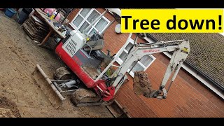 Pulling out a tree and digging footings for an extension with a digger Takeuchi TB014 [upl. by Aihtiekal]