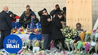 Srivaddhanaprabhas wife and son lay wreath outside stadium [upl. by Aina]