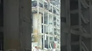 Building Gets Demolished By Crane Wrecking demolition automobile excavator [upl. by Sivlek]