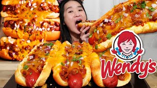 Wendys Giant 9quot Chili Cheese Dogs Wendys Canned Chili Cheese Hot Dogs Recipe  Mukbang w ASMR [upl. by Naujed]