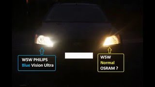 W5W PHILIPS Blue Vision Ultra  H7 TUNGSRAM MEGALIGHT ULTRA 120 vs W5W i H7 OSRAM NORMAL [upl. by Eseeryt]