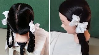 HOW TO MAKE TWO PLAITS FOR SCHOOL GIRLS WITH RIBBON Indian Village Hairstyles [upl. by Hiller889]