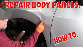 Repairing body panels Techniques and tips Body filler and block sandingbodyshop howto [upl. by Reyaht]