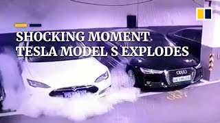 Shocking moment Tesla Model S explodes in a Chinese car park [upl. by Linet]