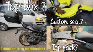 Dominar 400 touring modifications  Custom seat  Top box  Top rack  Karol Bagh bike market [upl. by Patterson]