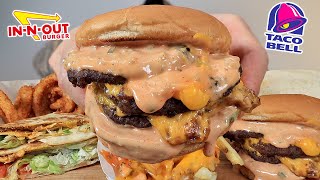 MUKBANG EATING IN N OUT 4X4 SAUCY CHEESEBURGER ANIMAL STYLE FRIES TACO BELL CRUNCHWRAP SUPREME ASMR [upl. by Nodgnal]