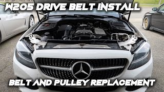 W205 Drive Belt Tensioner and Idler Pulley Replacement  2015 20 Turbo Mercedes C300 [upl. by Ythomit108]