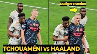 Rudiger reaction when Tchouaméni tried to copied his action to pocketing Haaland  Football News [upl. by Anaynek]